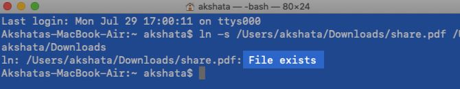File exists message while creating a symlink in Terminal on macOS