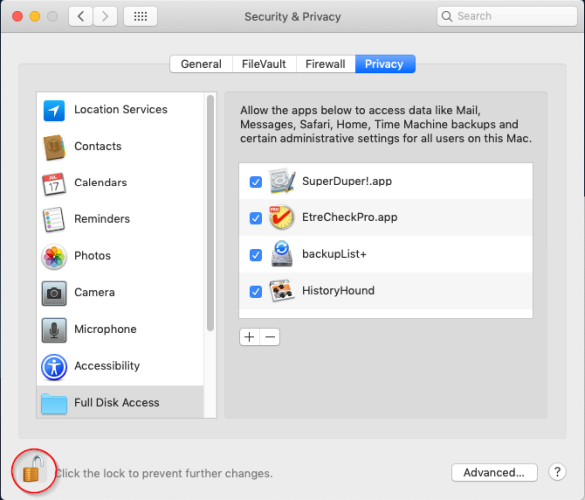 select full disk access from system preferences