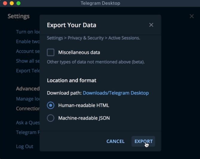 Export telegram chats and data