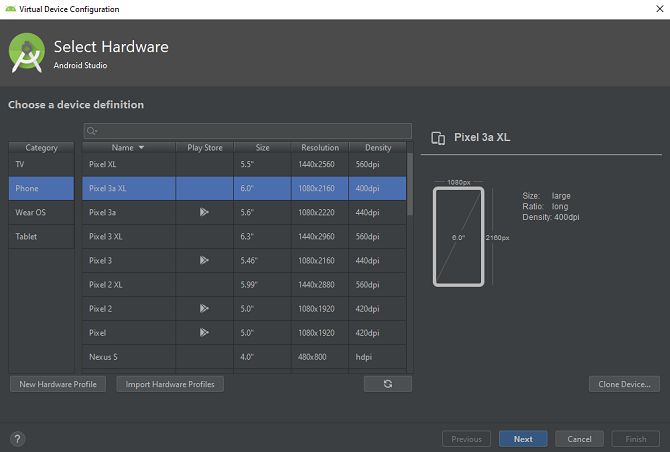 android studio select device to emulate
