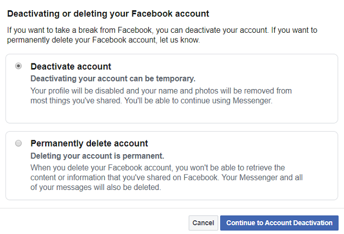delete facebook account options