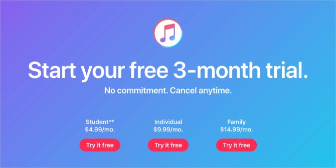 Apple Music three-month trial and pricings