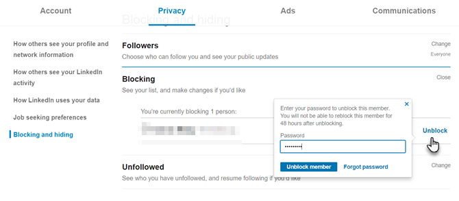 Unblock a member from the LinkedIn Blocked List