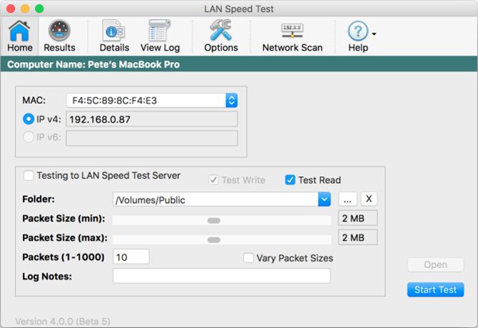A screenshot of the home tab on LAN Speed Test