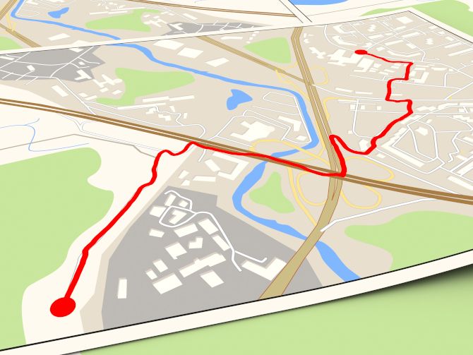 Image of a city map with a red route traced across