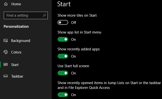 Windows 10 Full Screen Start Option