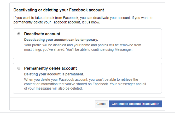deactivate facebook account option