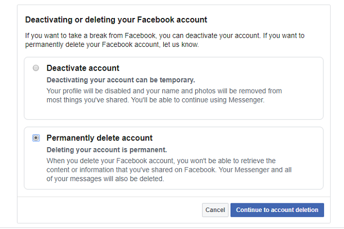delete facebook account option
