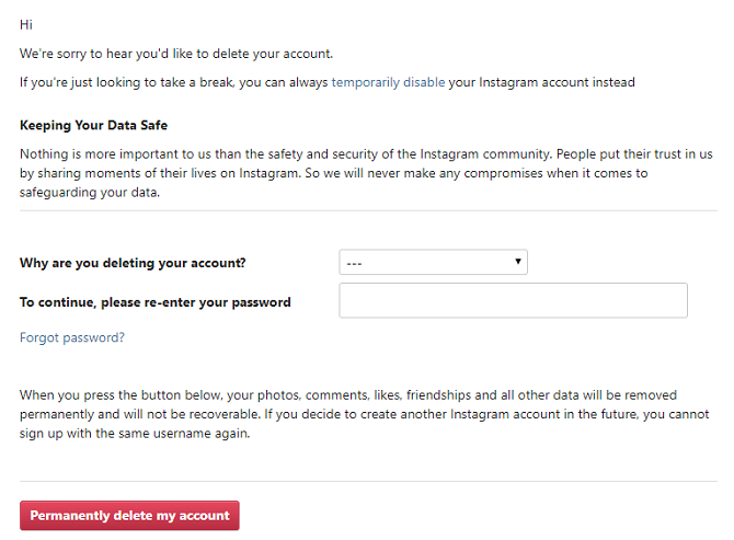 instagram delete account permanently option