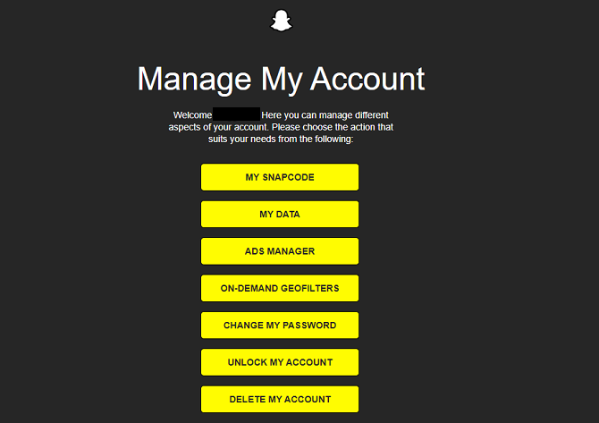 snapchat manage and delete account page