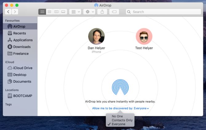 AirDrop в Finder на Mac с опцией видимости для всех