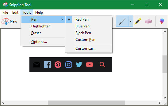 Сочетания клавиш меню Windows Snipping Tool