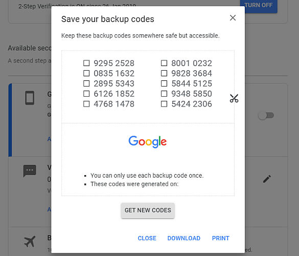 google backup codes generate