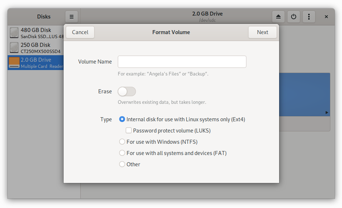 GNOME Disks displaying ext4 formatting option
