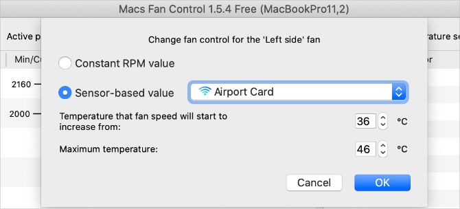 Окно настроек Macs Fan Control с температурным диапазоном
