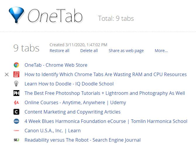 Расширение OneTab Chrome