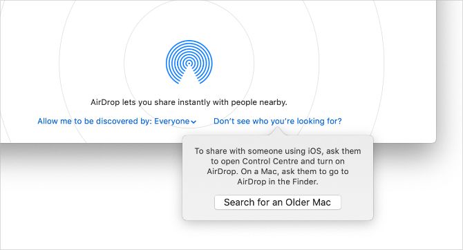 Поиск всплывающего окна «Старый Mac» в AirDrop для Mac