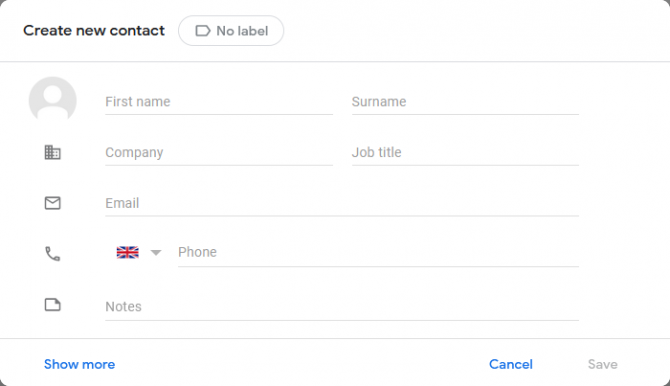 Создать новый контакт в Gmail