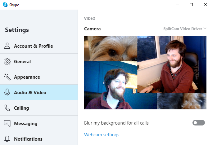 Настройки веб-камеры сплит-камеры Skype