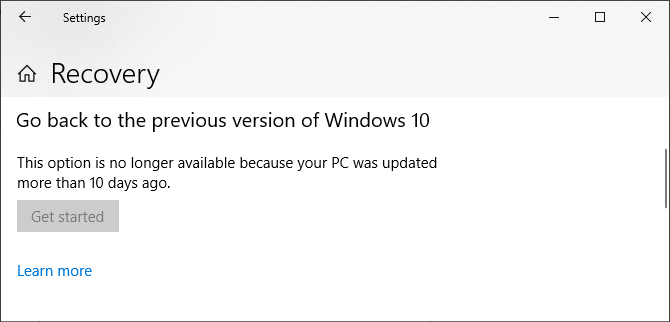 Regrese a la versión anterior de Windows 10