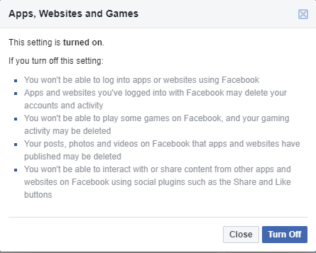 Facebook Turn Off App Website Access