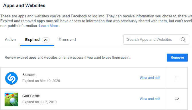 Facebook Expired Apps
