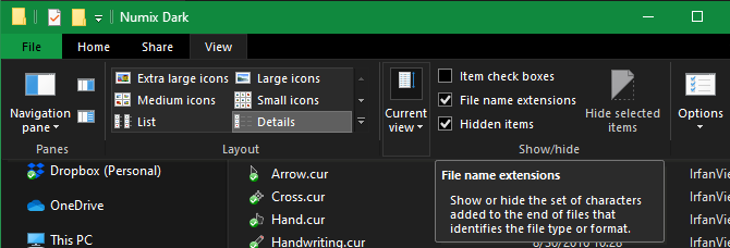 Opción de extensiones de nombre de archivo de Windows