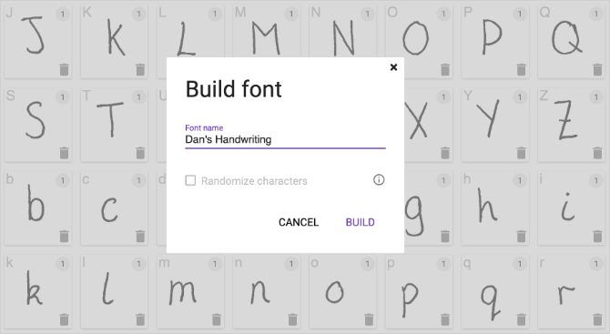 Окно Build Font для создания собственного шрифта рукописного ввода