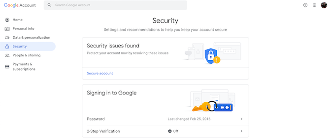 Настройки безопасности аккаунта Google