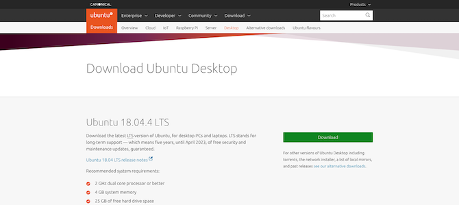 Página de descarga de escritorio de Ubuntu