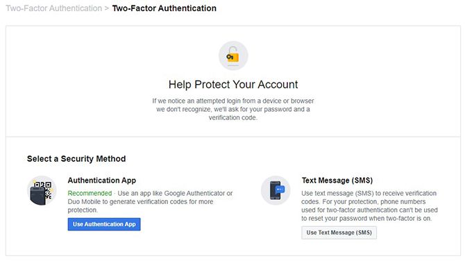 opciones de autenticación de dos factores de Facebook