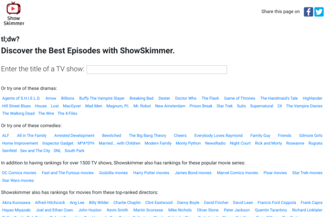 Show Skimmer lista os cinco ou dez melhores episódios de qualquer programa de TV