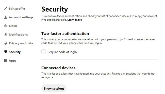 pinterest two factor authentication browser