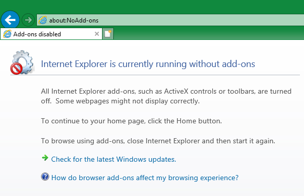 Internet Explorer Нет надстроек