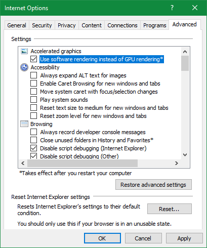 Internet Explorer использует программное обеспечение рендеринга