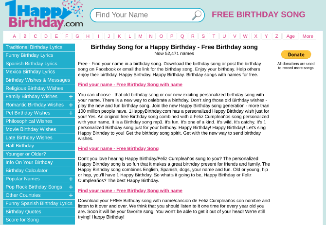 1 Happy Birthday имеет бесплатную песню на день рождения с вашим именем