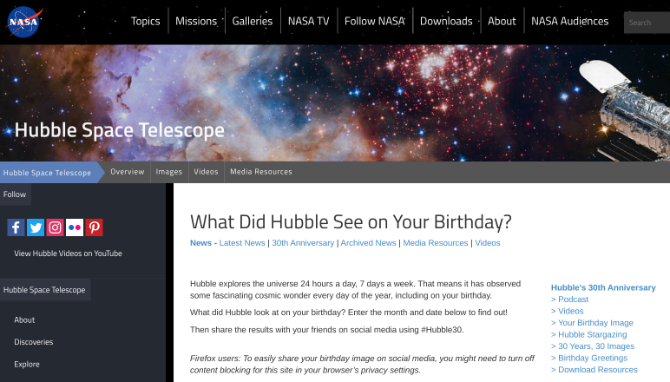 Что увидел телескоп Хаббл в твой день рождения? Проверьте мини-сайт НАСА для галактического празднования дня рождения