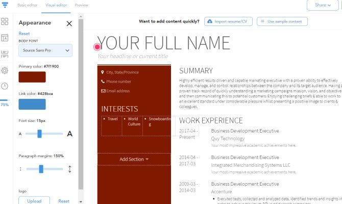 Sitio de creación de currículum de VisualCV