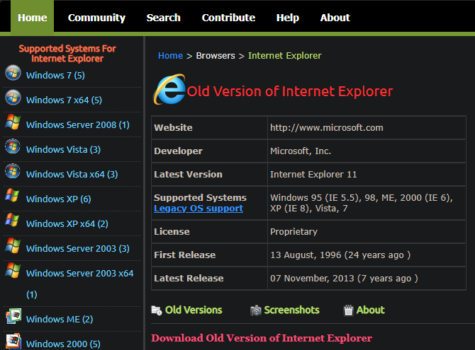 Скачать старые приложения для Internet Explorer