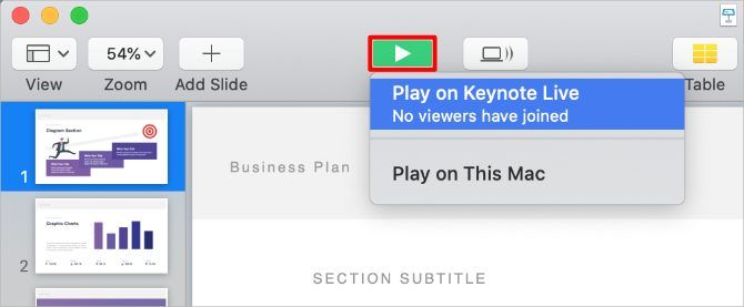 Кнопка воспроизведения Keynote с опцией Keynote Live