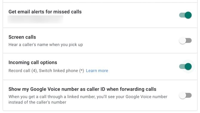 Включение параметров входящих вызовов для Google Voice