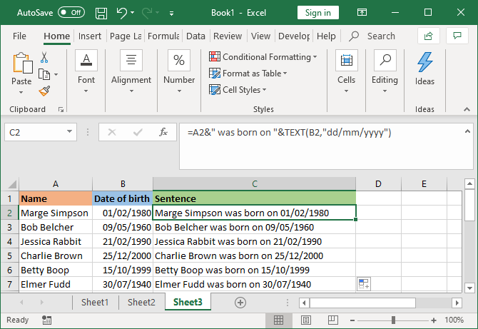 Excel объединяет ячейку с текстовой формулой