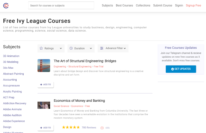 Coursesity homepage with a directory of online courses