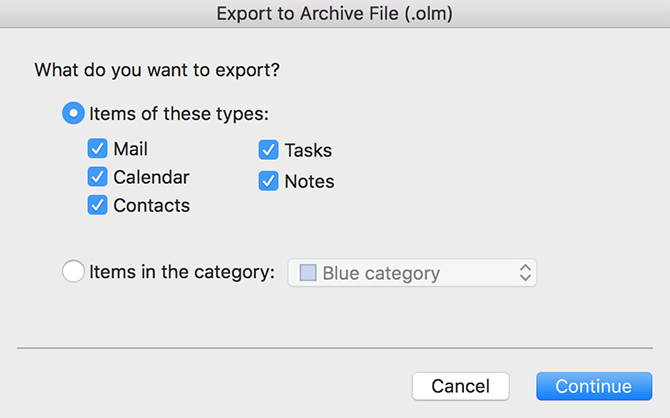 выберите элементы для экспорта в Outlook